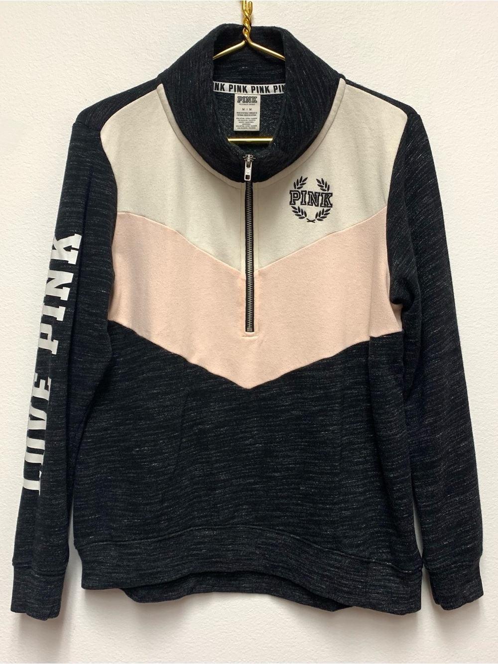 Victorias Secret Pink 1/4 Zip Pullover Sweatshirt Size Medium Black Heather Logo